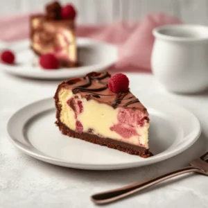 Ein Stück marmorierter Schoko-Käsekuchen mit Himbeeren und Schokoladenglasur auf einem weißen Teller, ein echter Genuss.