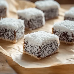 Nahaufnahme von traditionellen Cupavci mit Schokoglasur und Kokosraspeln, serviert auf Backpapier.