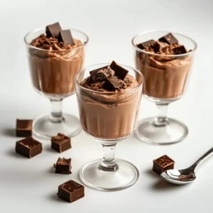 Schoko-Mascarpone-Creme serviert in drei eleganten Dessertgläsern, dekoriert mit Schokoladenstücken auf einem weißen Hintergrund.