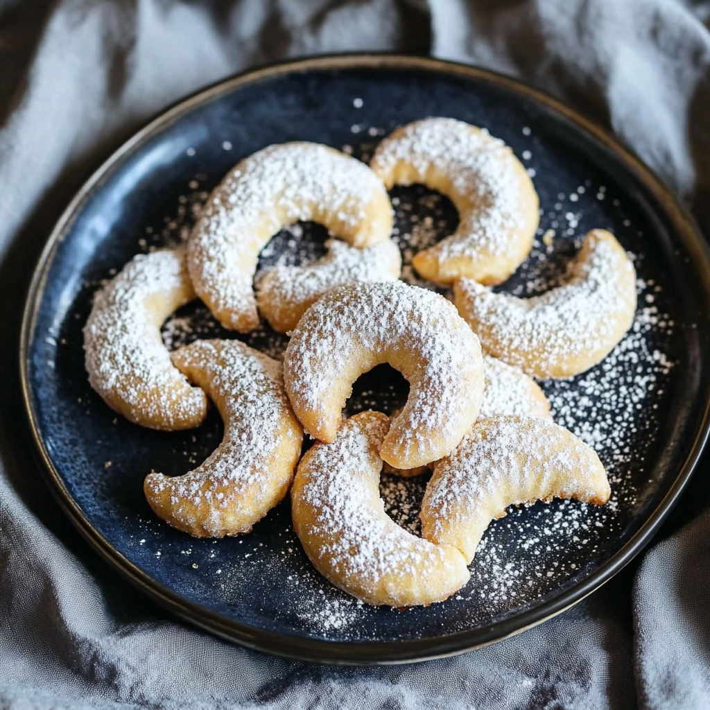 mohamedag Powdered sugar dusted crescent cookies on a dark blu 97b981ba dd59 4bc3 a923 66ed2f6ea568