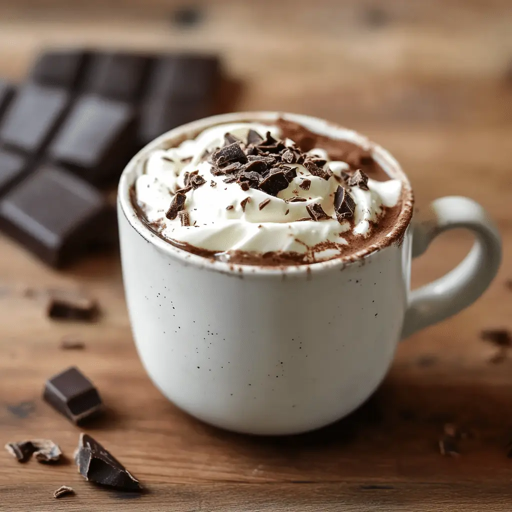 Eine Tasse Russische Schokolade mit Sahne und Schokoladenraspeln – das perfekte Getränk für kalte Wintertage.
