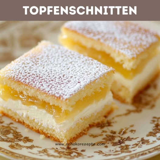 Flaumige Topfenschnitten – saftiger Kuchen mit cremiger Topfenfüllung, perfekt für die Kaffeetafel oder als Dessert