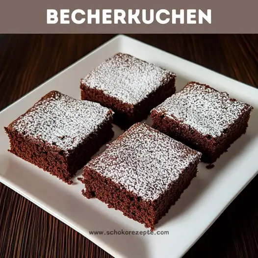 Vier saftige Stücke Schokoladen-Becherkuchen mit Puderzucker bestäubt, serviert auf einem weißen Teller.