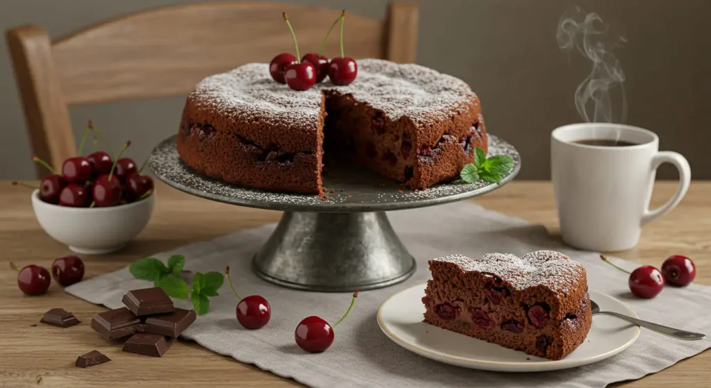 Dekorieren eines Schoko-Kirsch-Kuchens mit frischen Kirschen und Schokoraspeln.
