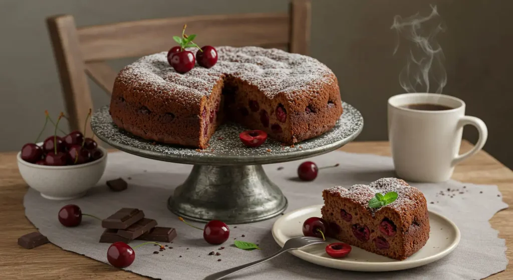 Zutaten für Schoko-Kirsch-Kuchen: Schokolade, Kirschen, Mehl, Eier und Butter auf einem Holztisch.
