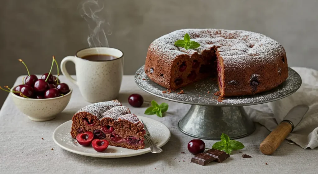 Schoko-Kirsch-Kuchen mit einer Tasse Kaffee auf einem gemütlichen Tisch serviert.