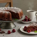 Saftiger Schoko-Kirsch-Kuchen mit frischen Kirschen und Schokoladenglasur auf einem rustikalen Tisch.