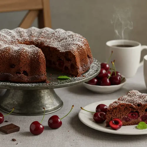 Saftiger Schoko-Kirsch-Kuchen mit frischen Kirschen und Schokoladenglasur auf einem rustikalen Tisch.